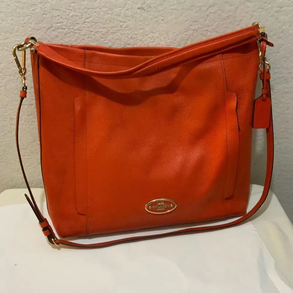 COACH Light Coral Leather  Hobo Bag Adjustable Strap Crossbody Front Zip Pockets